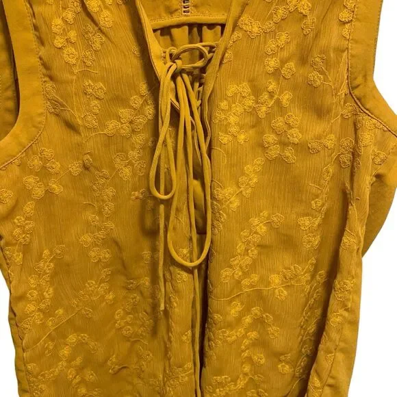 Maeve Womens Mustard Yellow Embroidered Lace Up Tank Top 6 Boho Cottagecore - Picture 3 of 9